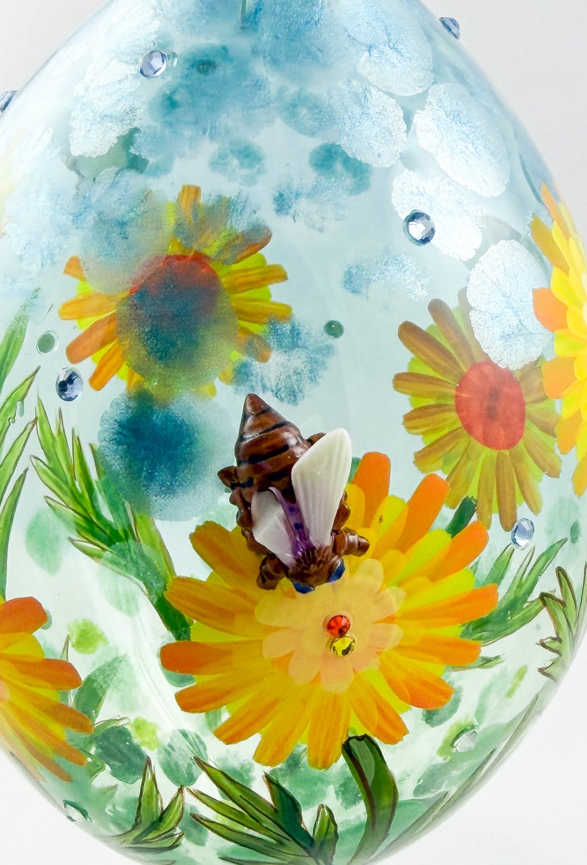 Grosse Tropfenform mit Löwenzahn-Blüten und Bienen Applikationen, GlitterLab