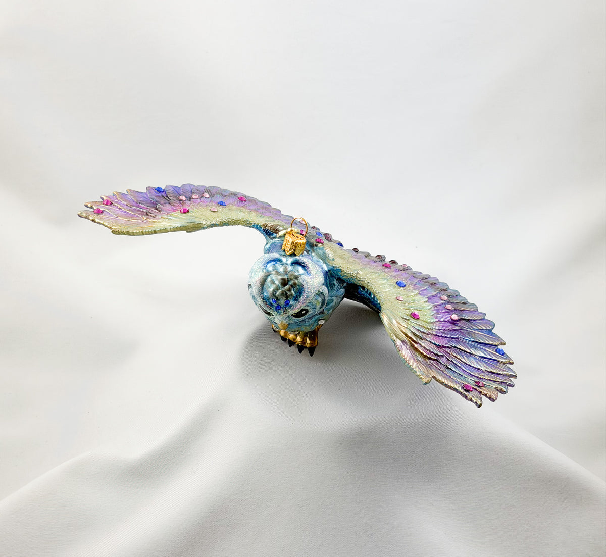 Eisblaue fliegende Eule mit Glitzersteinchen, GlitterLab