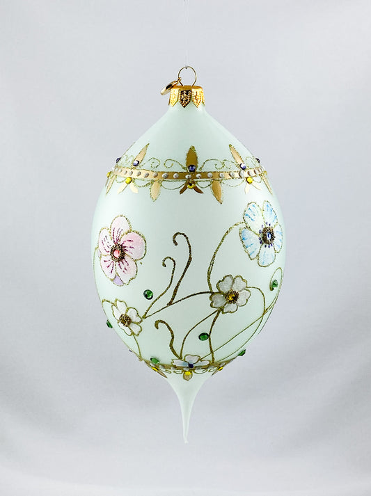 Transparente Tropfenform in Mint mit rosa und hellblauen Blüten und Glitzersteinen, GlitterLab