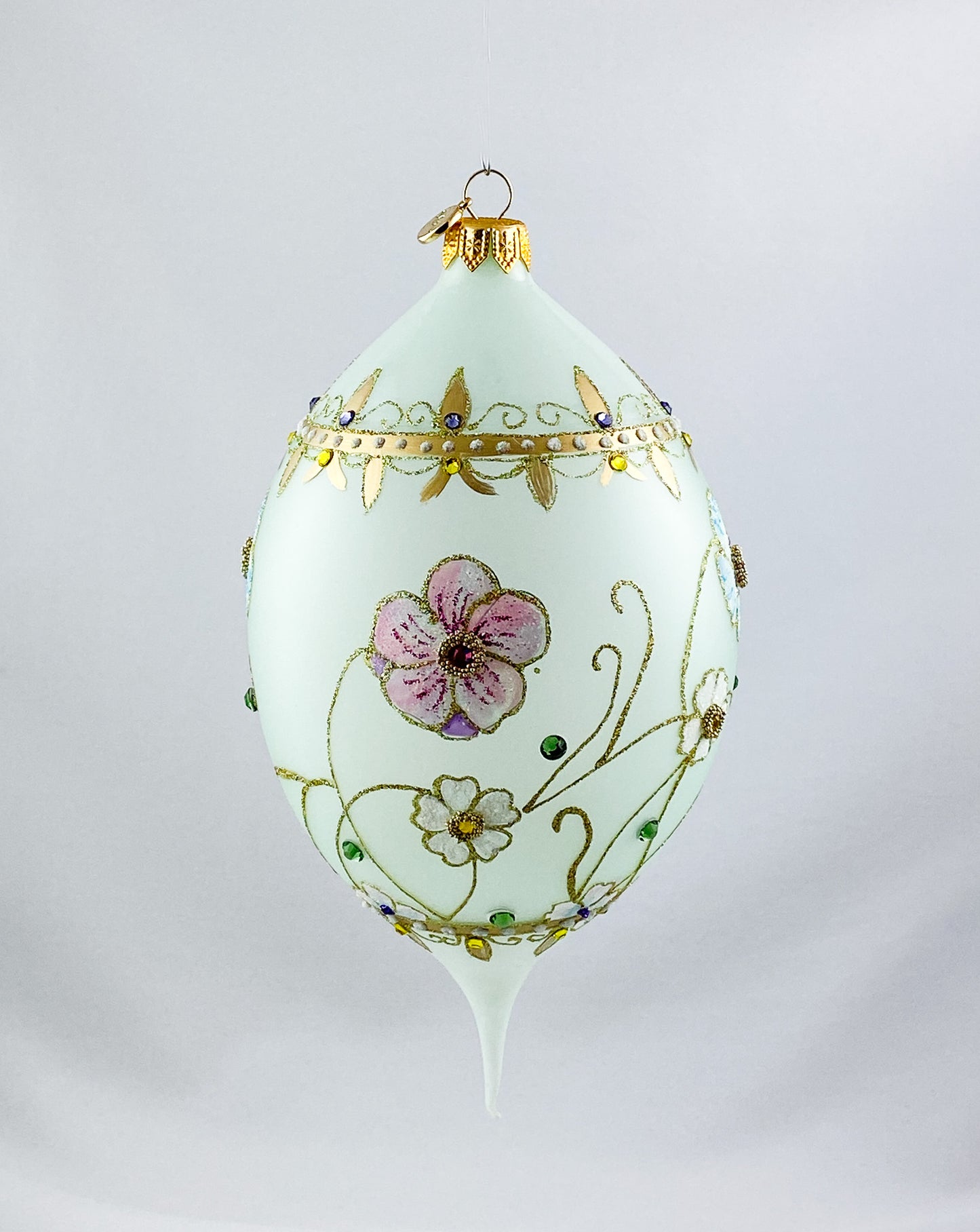 Transparent drop shape in mint with pink and light blue flowers and glitter stones, GlitterLab
