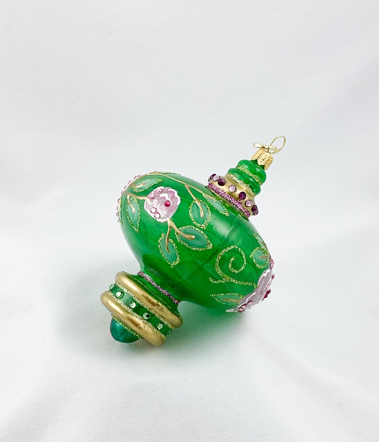 Green transparent onion shape with pink flowers and glitter stones, GlitterLab