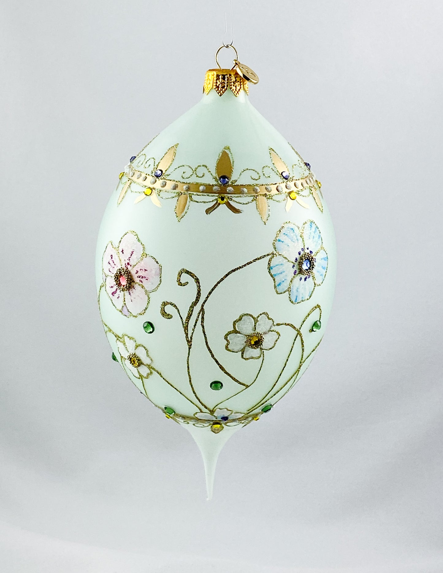Transparent drop shape in mint with pink and light blue flowers and glitter stones, GlitterLab