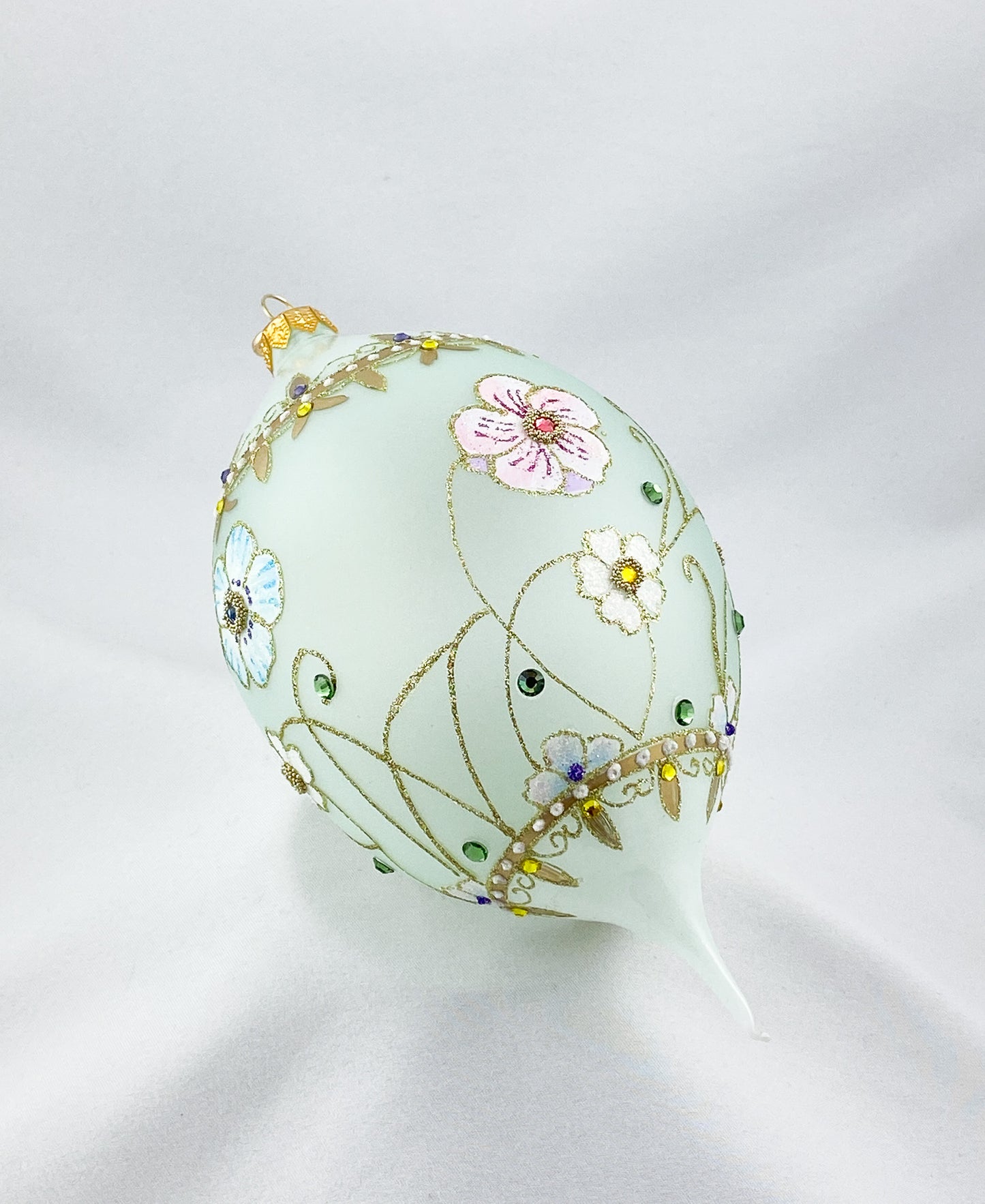 Transparent drop shape in mint with pink and light blue flowers and glitter stones, GlitterLab