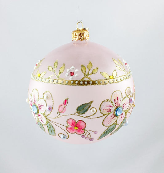 Transparente Kugel in Rosa mit Blütenranken und Glitzersteinen, GlitterLab