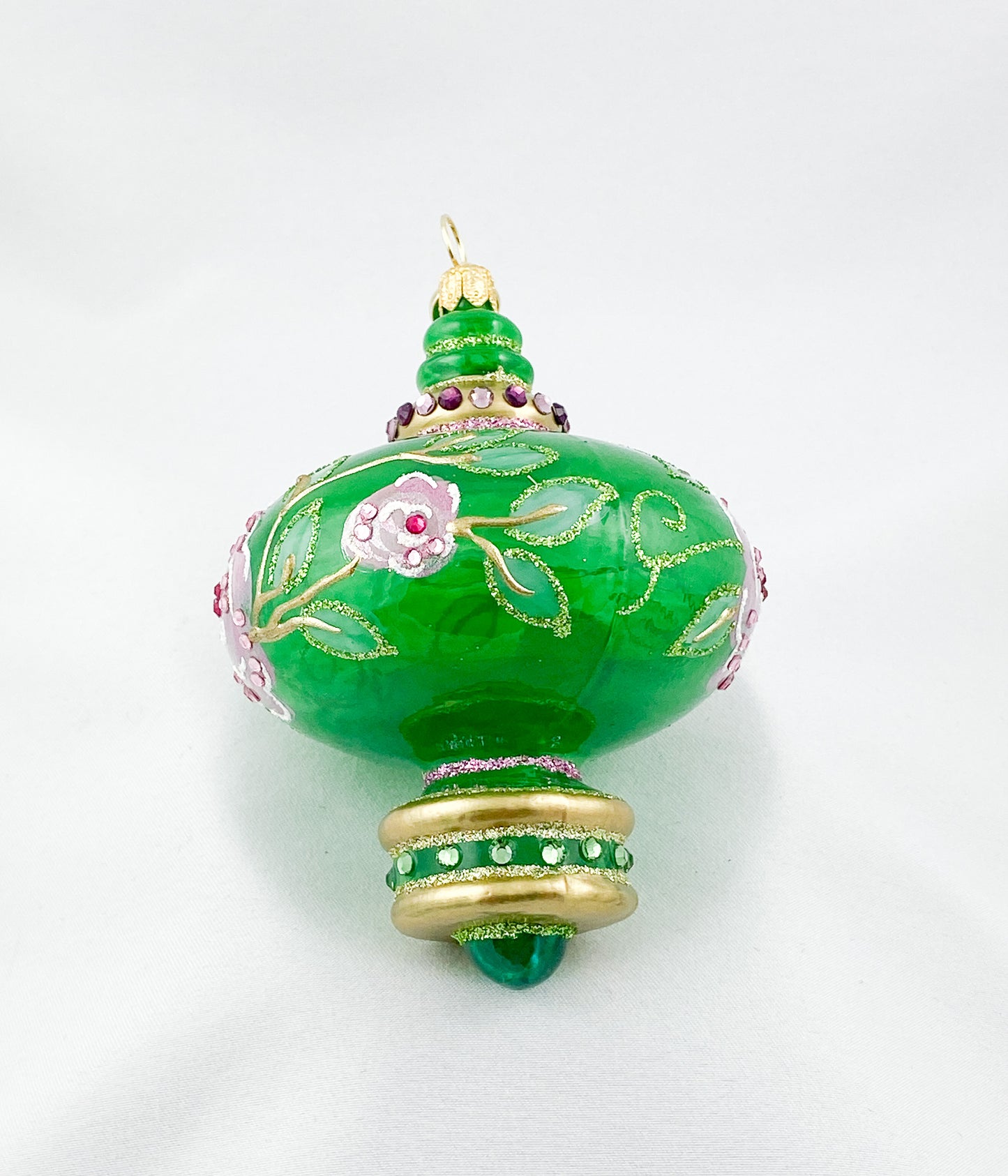 Green transparent onion shape with pink flowers and glitter stones, GlitterLab