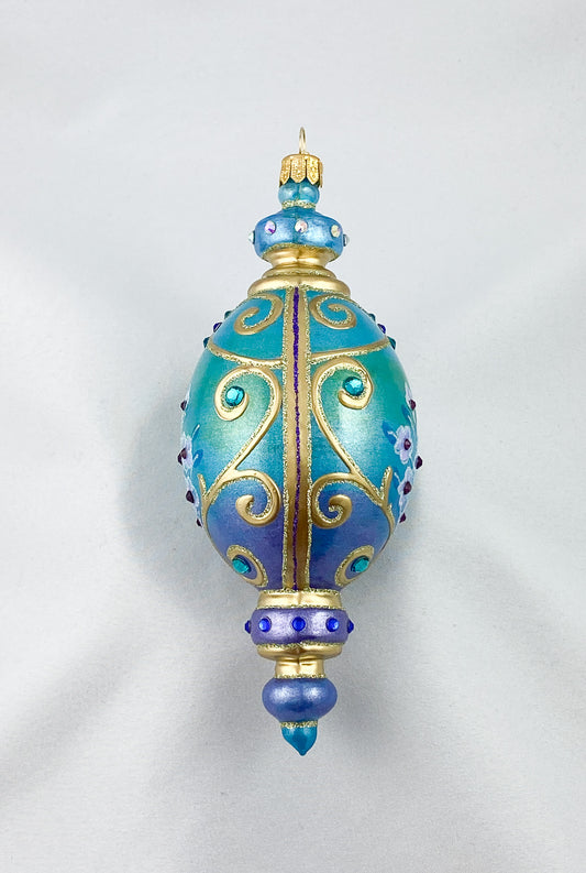 Ovale Tropfenform in türkis mit rosa Blüten und Glitzersteinen, GlitterLab