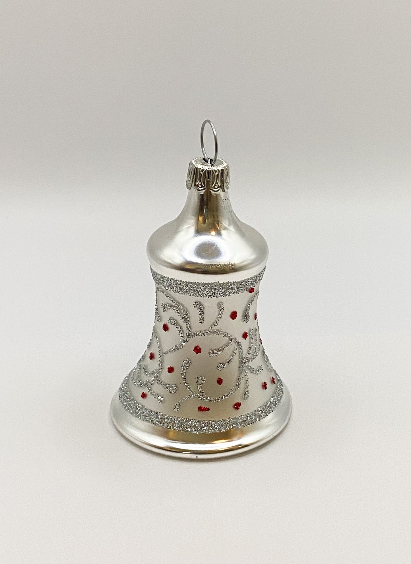 Christmas bell white matt with silver tendrils and red dots