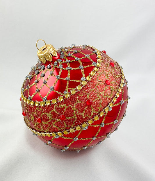 Kugel glänzendes Rot mit Gold-Brokat Dekor