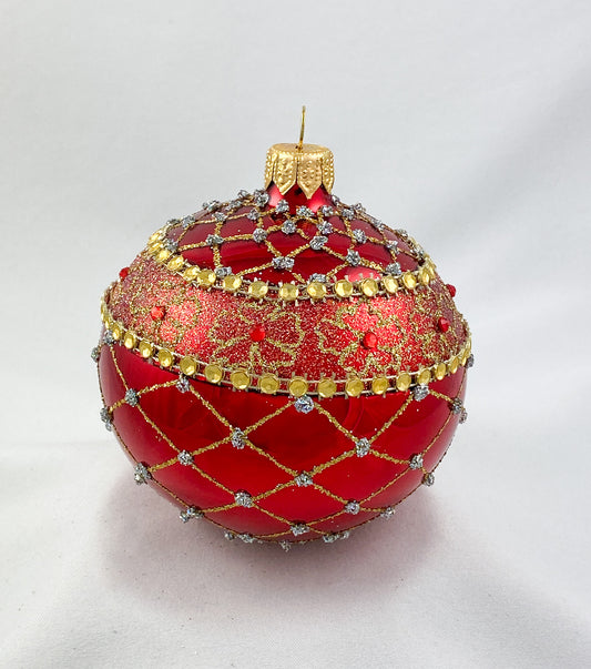 Kugel glänzendes Rot mit Gold-Brokat Dekor