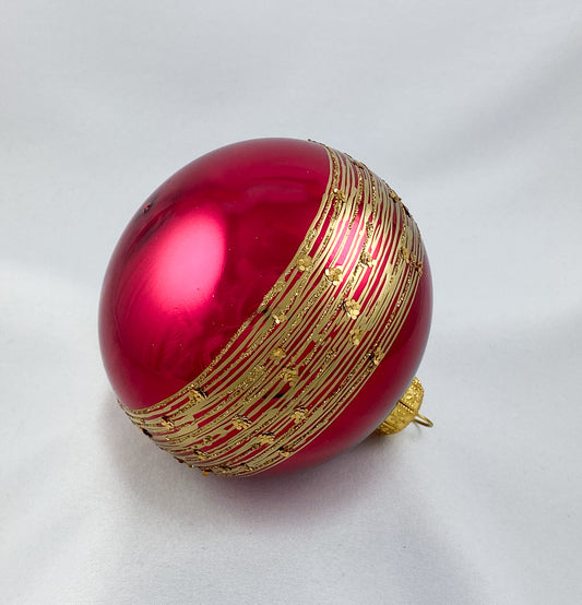 Kugel dunkles glänzendes Magenta mit goldenem Streifendekor