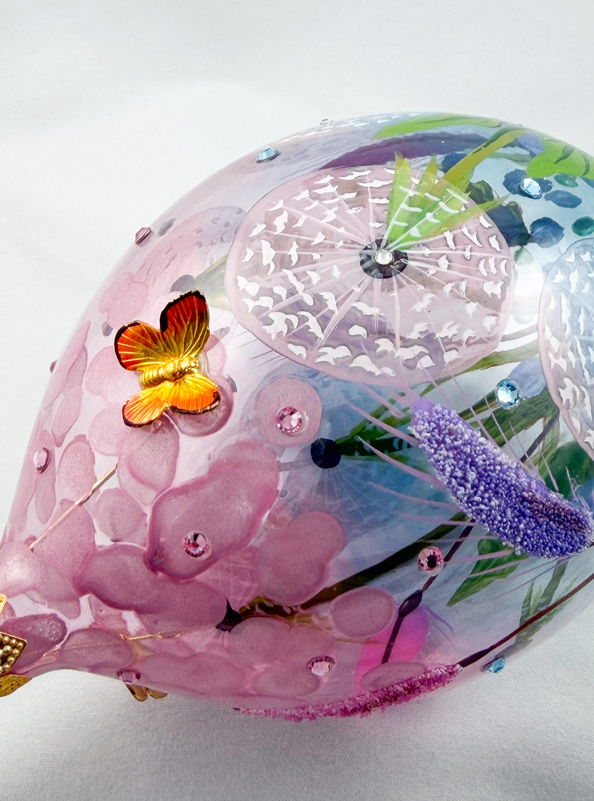 Grosse Tropfenform mit Pusteblumen, Löwenzahn-Blüten und Schmetterling Applikationen, GlitterLab