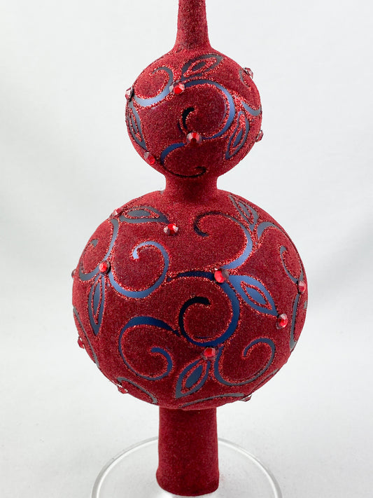 Samtig dunkelrote Christbaumspitze mit Rankenmotiv