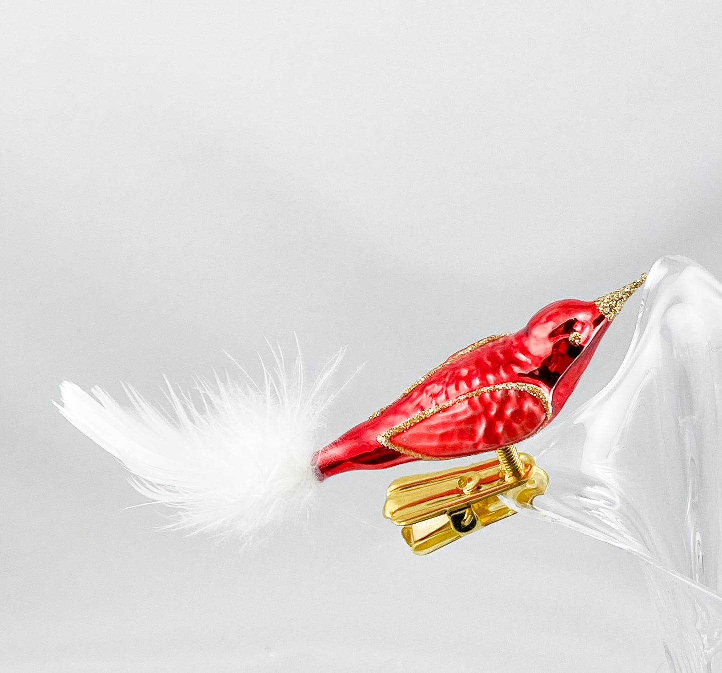 Small red bird with gold-framed wings