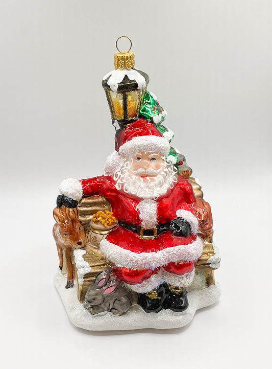 Santa on the park bench with the forest animals