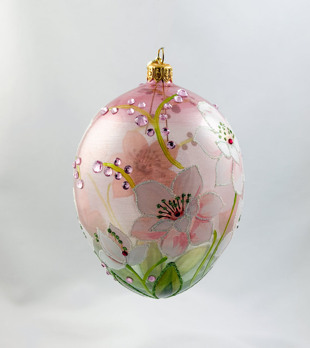 Eiform in Hellrosa transparent mit weissen Blüten und rosa Glitzersteinchen, GlitterLab