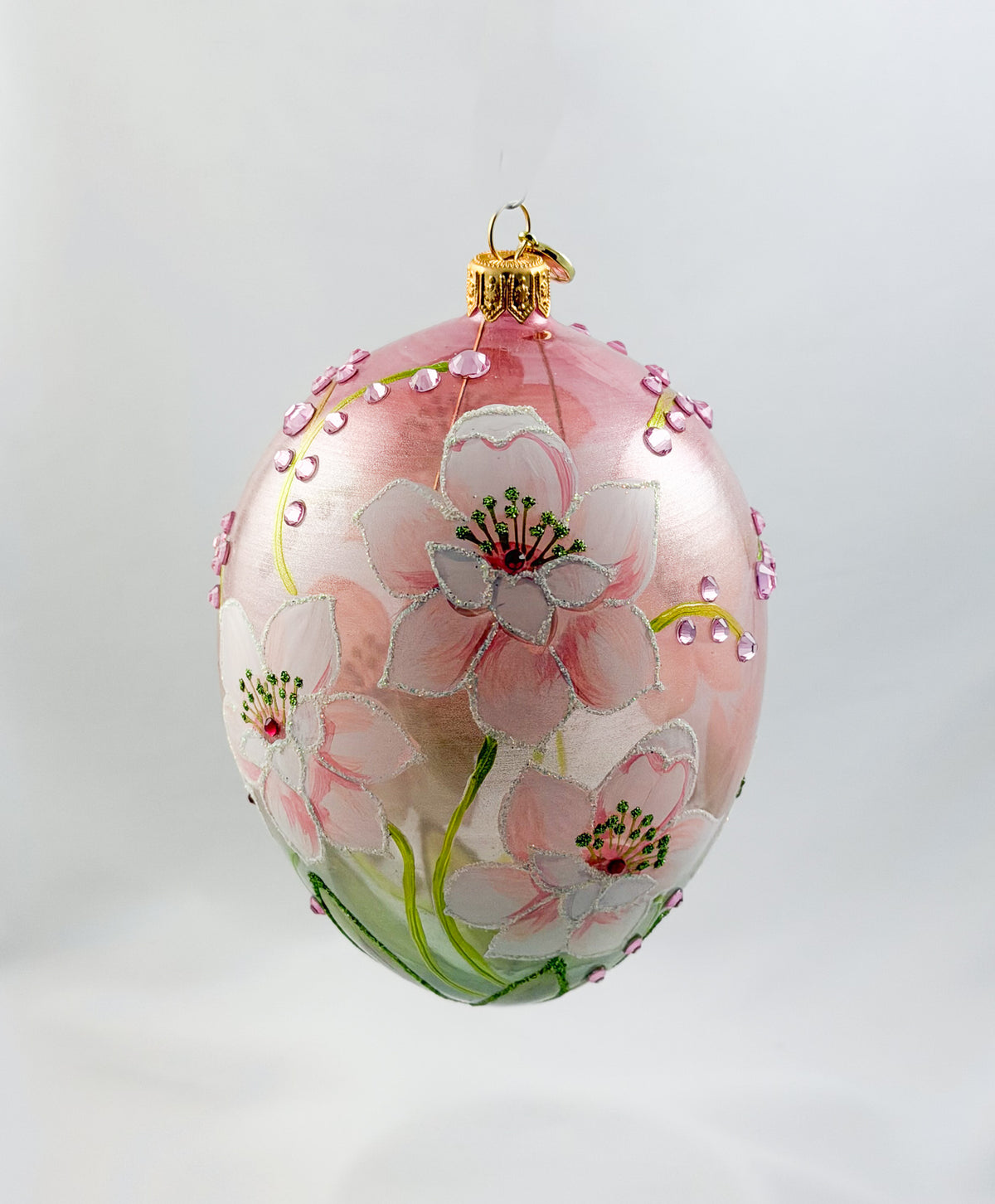 Eiform in Hellrosa transparent mit weissen Blüten und rosa Glitzersteinchen, GlitterLab