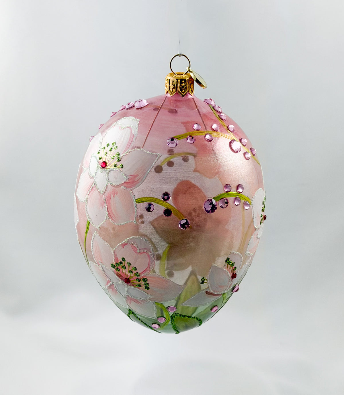 Eiform in Hellrosa transparent mit weissen Blüten und rosa Glitzersteinchen, GlitterLab
