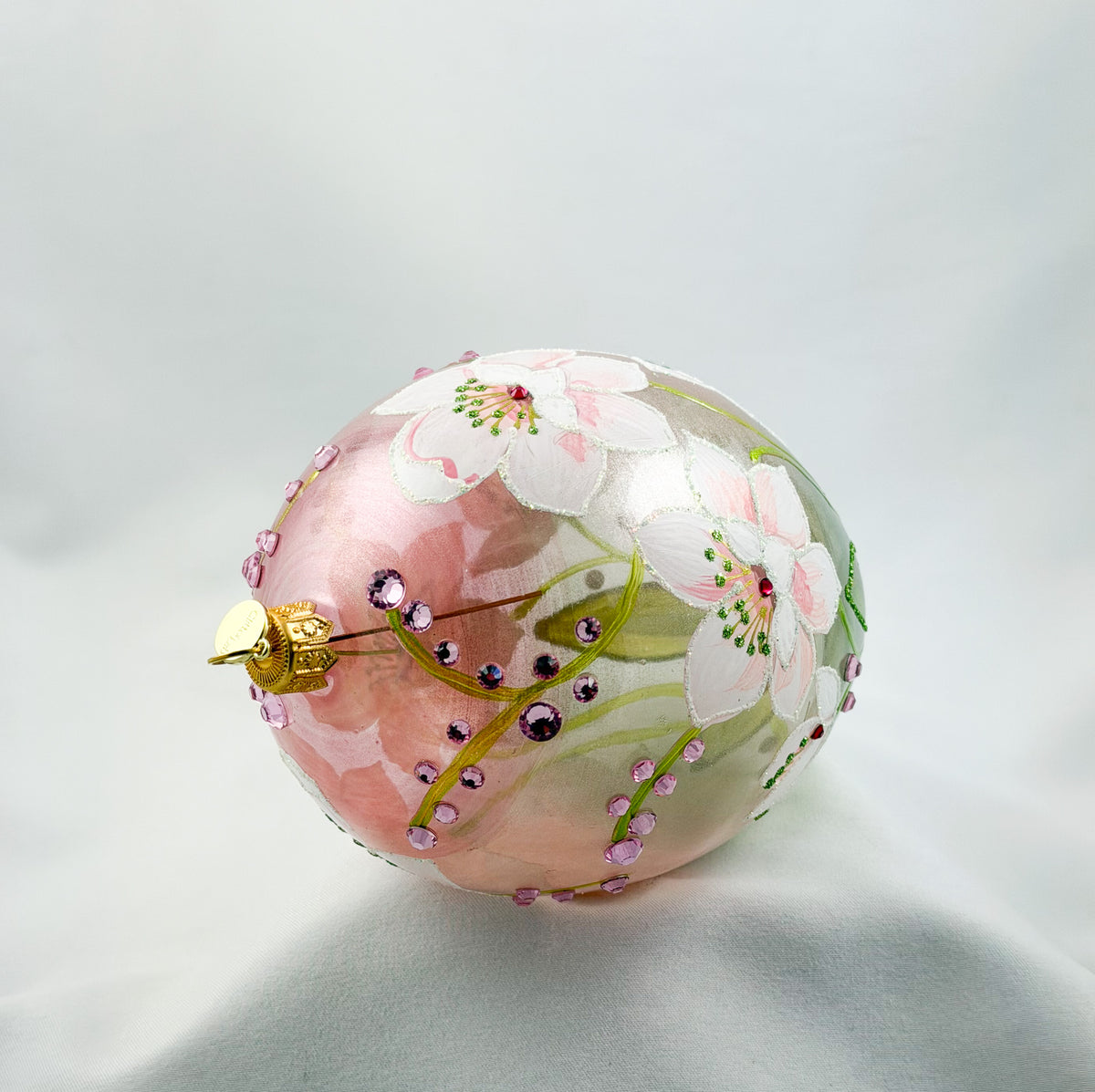 Eiform in Hellrosa transparent mit weissen Blüten und rosa Glitzersteinchen, GlitterLab
