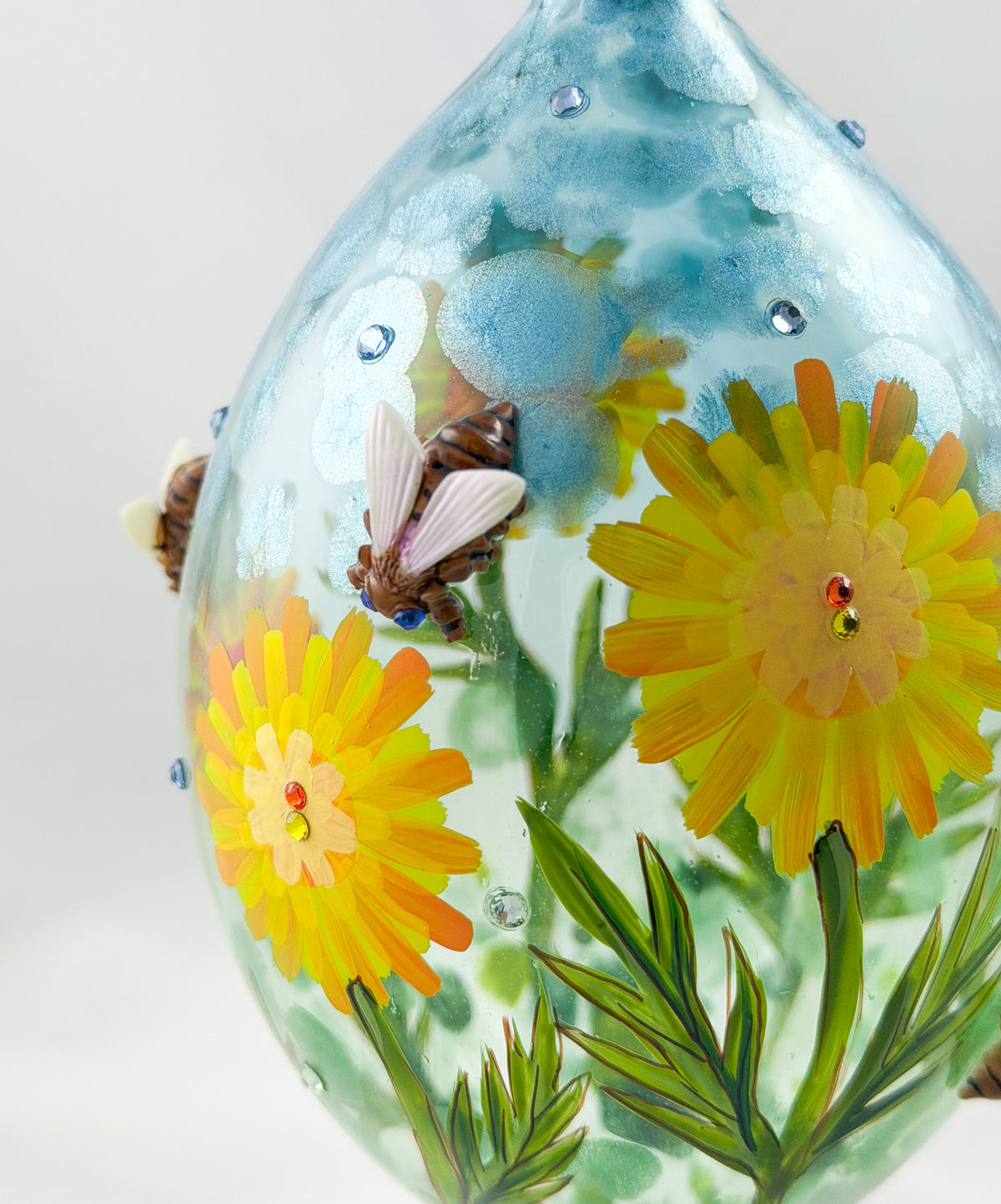 Grosse Tropfenform mit Löwenzahn-Blüten und Bienen Applikationen, GlitterLab