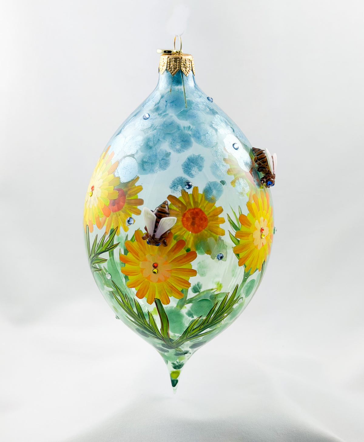 Grosse Tropfenform mit Löwenzahn-Blüten und Bienen Applikationen, GlitterLab