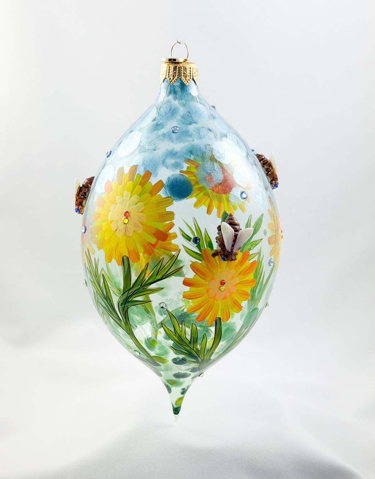 Grosse Tropfenform mit Löwenzahn-Blüten und Bienen Applikationen, GlitterLab
