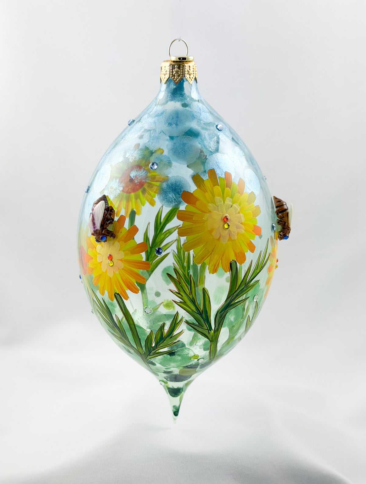 Grosse Tropfenform mit Löwenzahn-Blüten und Bienen Applikationen, GlitterLab