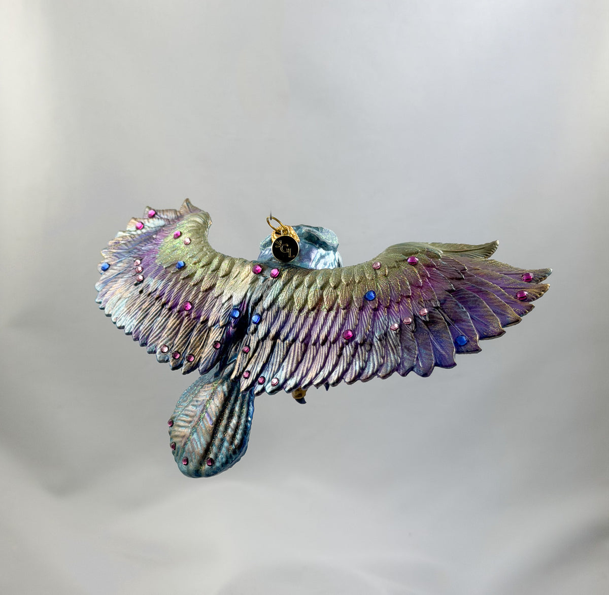 Eisblaue fliegende Eule mit Glitzersteinchen, GlitterLab