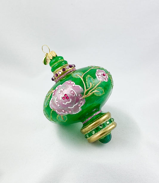 Grün transparente Zwiebelform mit rosa Blüten und Glitzersteinen, GlitterLab