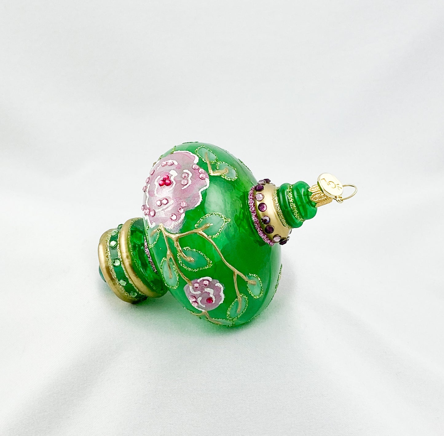 Grün transparente Zwiebelform mit rosa Blüten und Glitzersteinen, GlitterLab