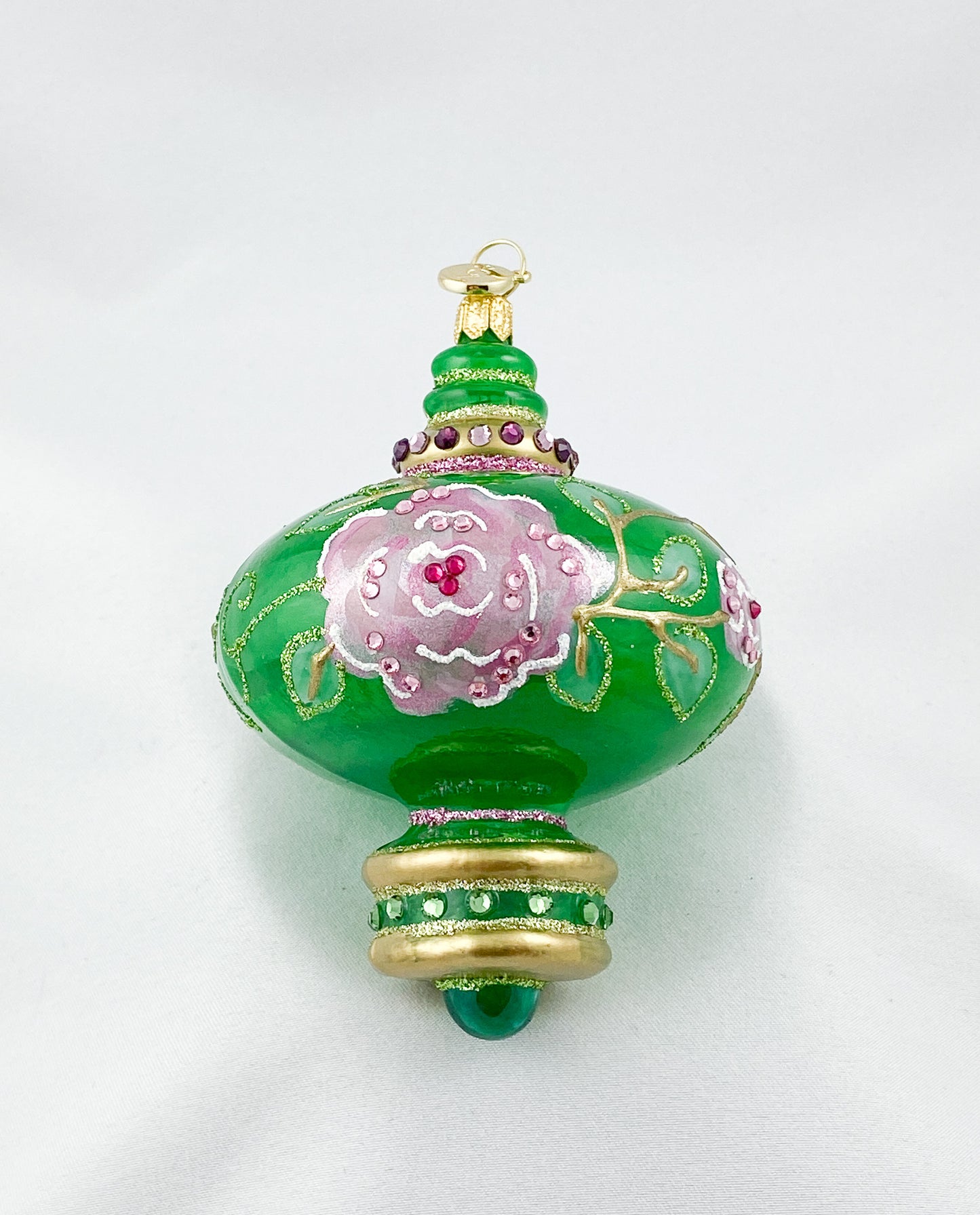 Grün transparente Zwiebelform mit rosa Blüten und Glitzersteinen, GlitterLab