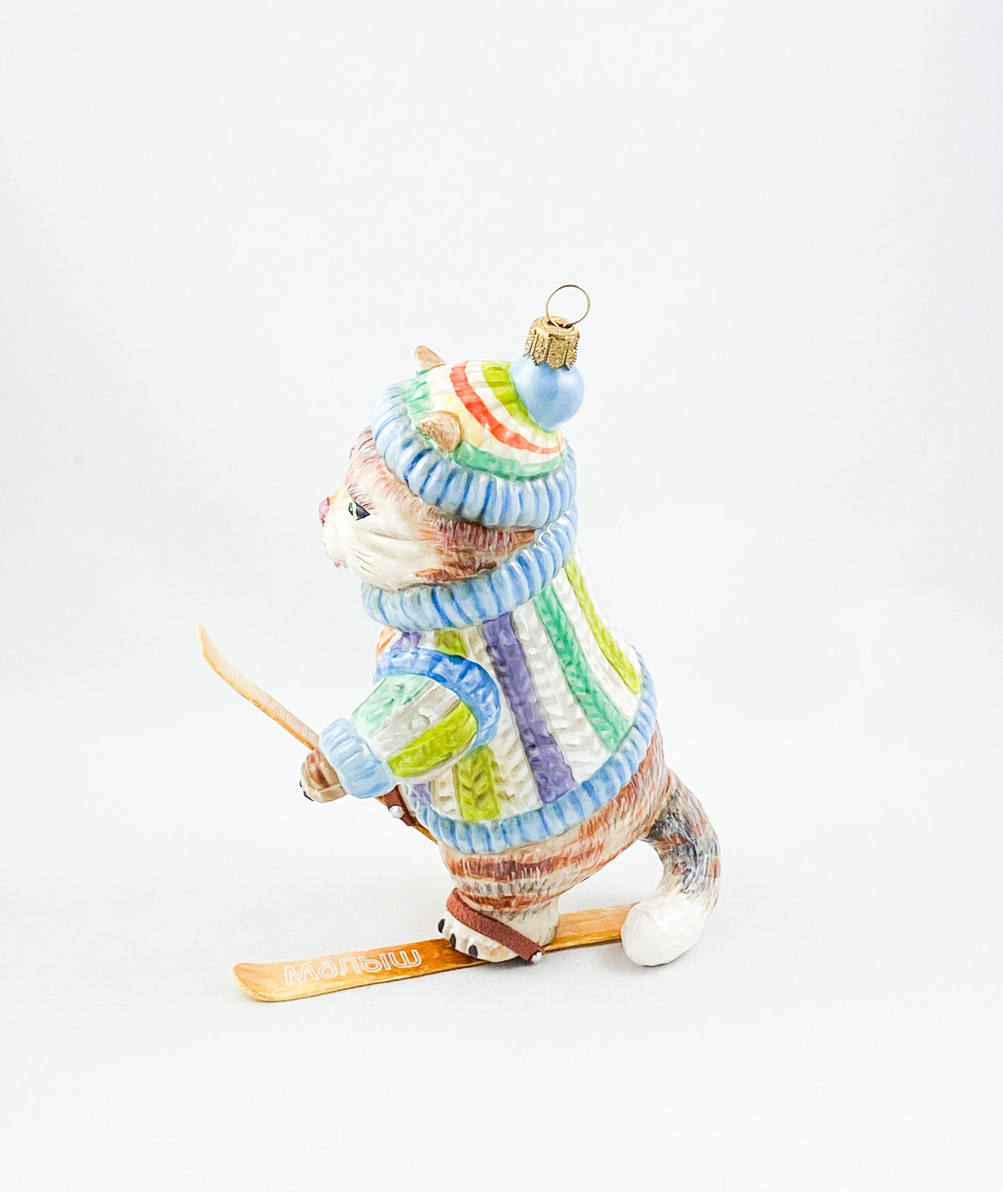 Die Katze im bunten Pullover versucht sich im Ski-Fahren ATLASART