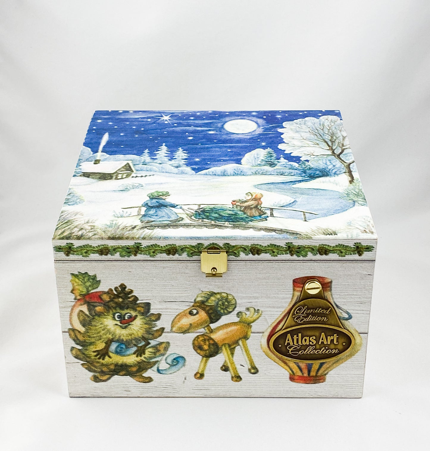 The girl and the boy bring the Christmas tree out of the forest with the sleigh, AtlasArt