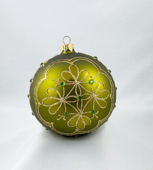 Kugel olivgrün matt, mit stilisiertem Blumendekor