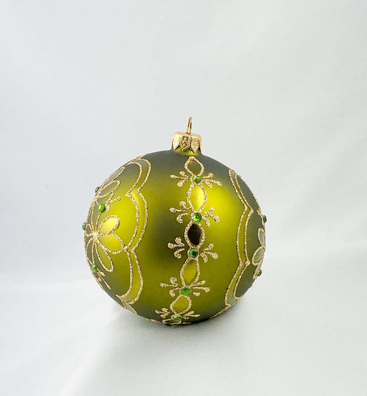 Kugel olivgrün matt, mit stilisiertem Blumendekor