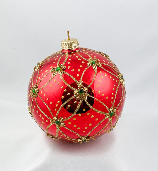 Kugel rot glanz mit grünen Steinen