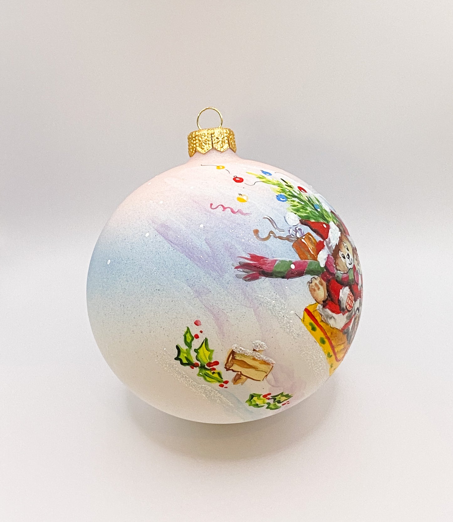 Ball two bears ride sleigh