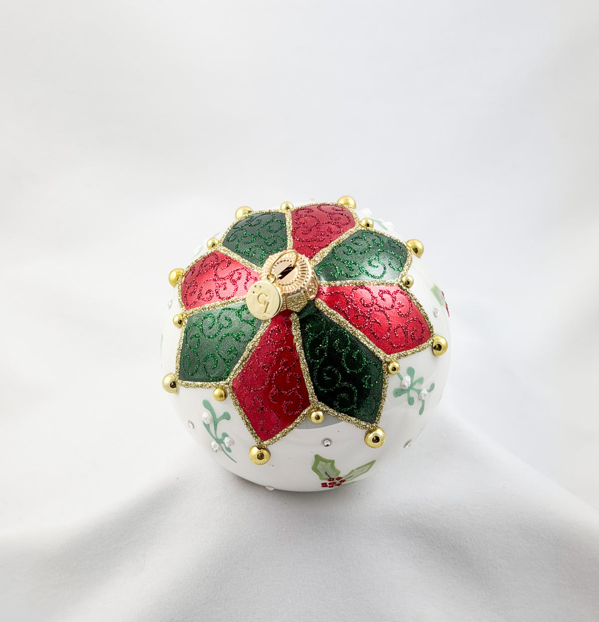 Kugel mit Mistel - und Ilex Zweig Dekor, GlitterLab