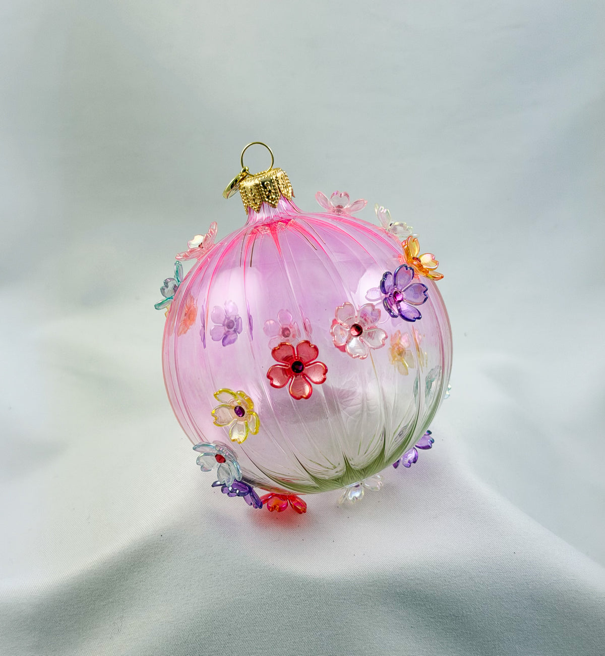 Kugel Pink transparent mit Blüten, GlitterLab