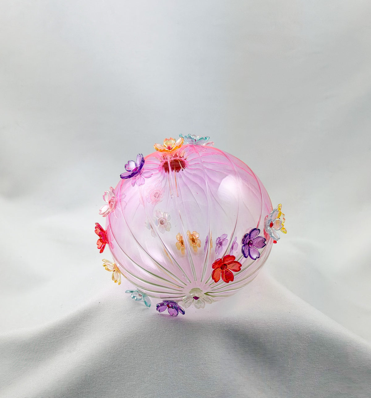Kugel Pink transparent mit Blüten, GlitterLab
