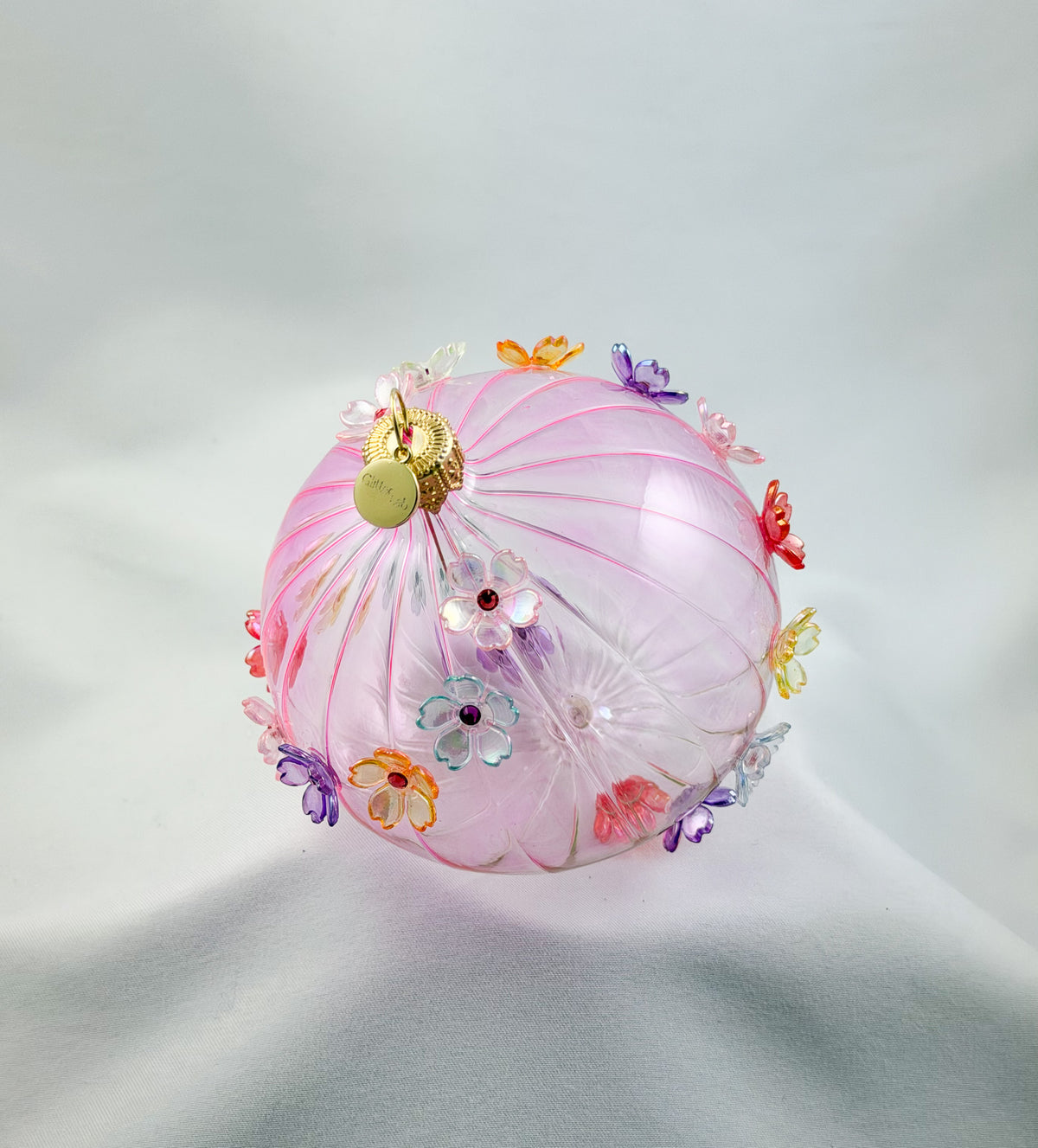 Kugel Pink transparent mit Blüten, GlitterLab