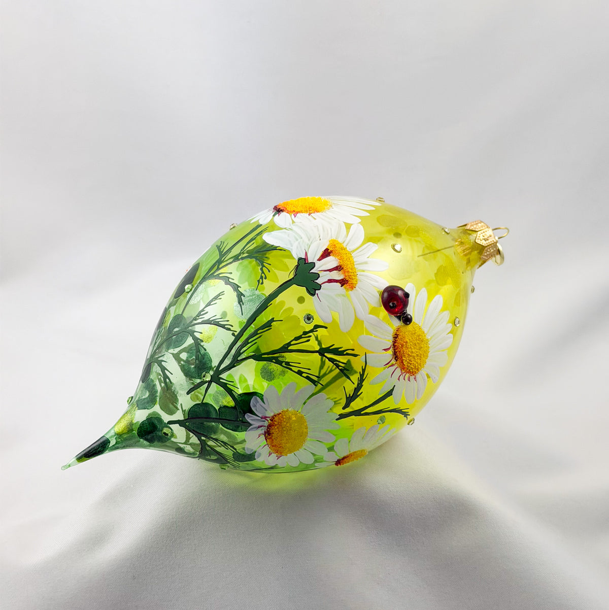 Grosse Tropfenform mit Gänseblümchen, Margeriten-Blüten und Marien-Käfer Applikationen, GlitterLab