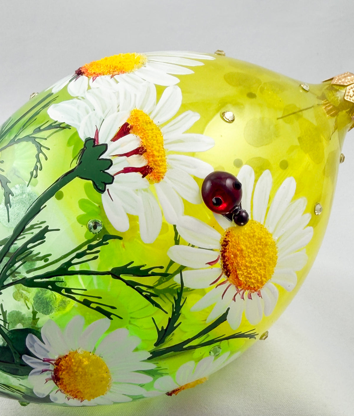 Grosse Tropfenform mit Gänseblümchen, Margeriten-Blüten und Marien-Käfer Applikationen, GlitterLab