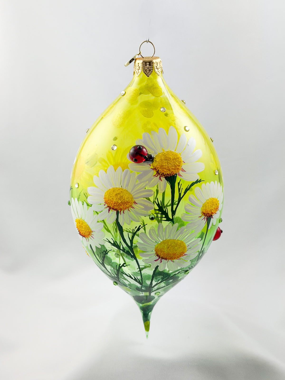 Grosse Tropfenform mit Gänseblümchen, Margeriten-Blüten und Marien-Käfer Applikationen, GlitterLab
