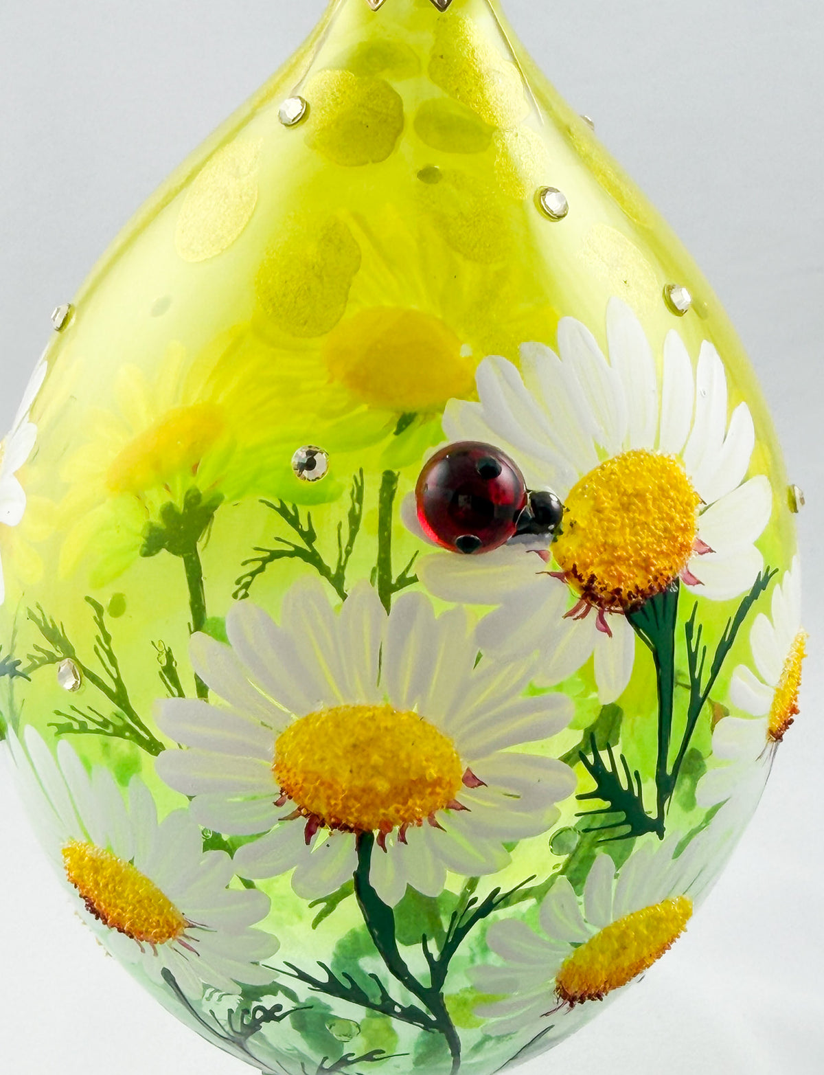 Grosse Tropfenform mit Gänseblümchen, Margeriten-Blüten und Marien-Käfer Applikationen, GlitterLab