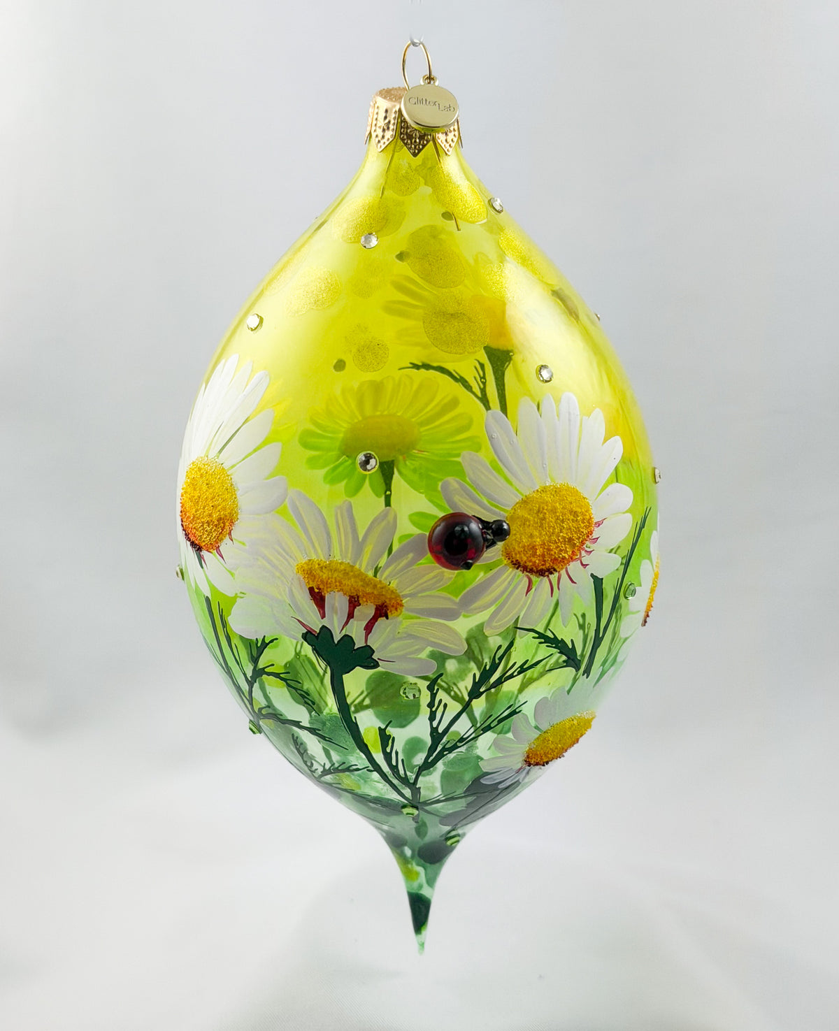 Grosse Tropfenform mit Gänseblümchen, Margeriten-Blüten und Marien-Käfer Applikationen, GlitterLab