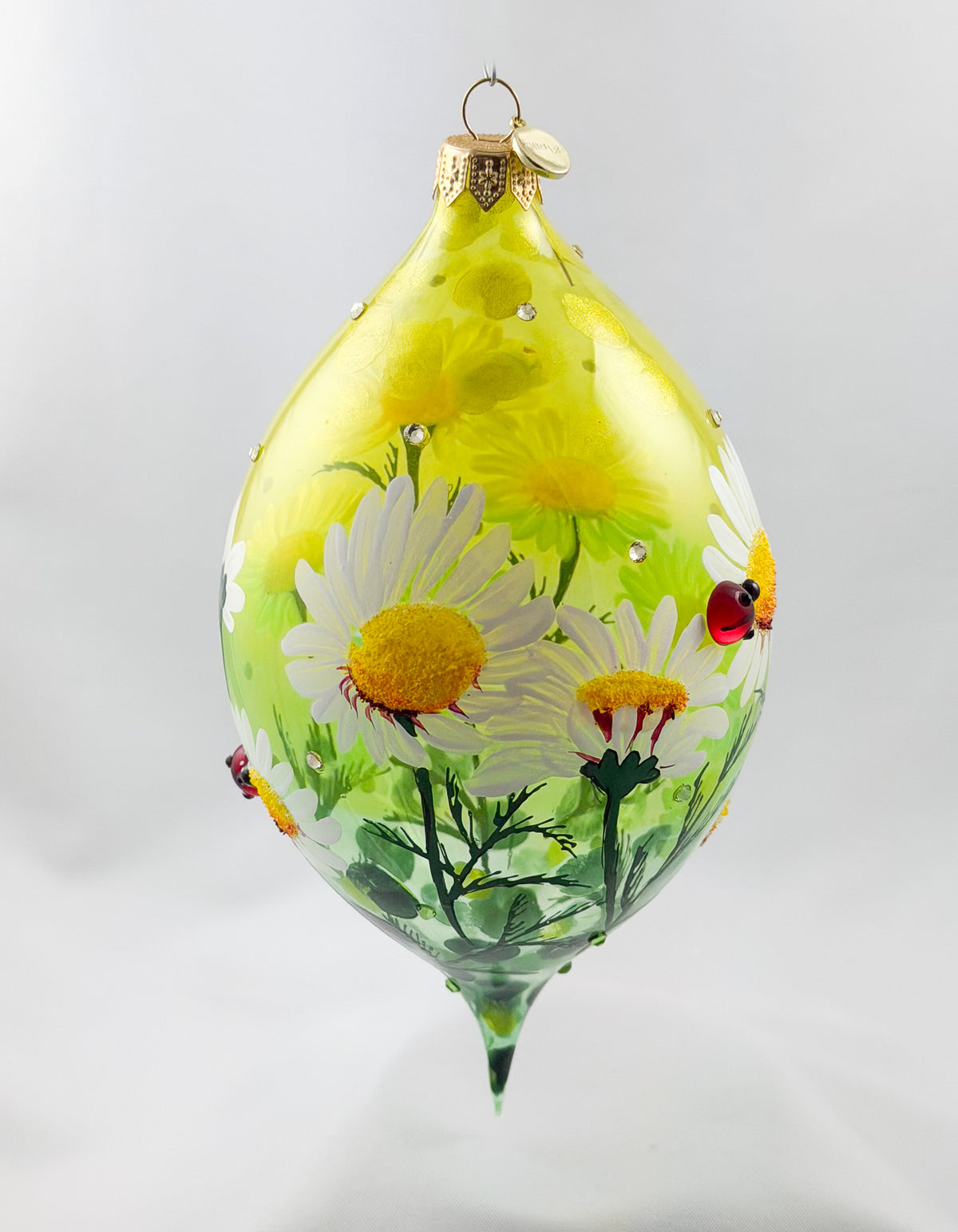 Grosse Tropfenform mit Gänseblümchen, Margeriten-Blüten und Marien-Käfer Applikationen, GlitterLab