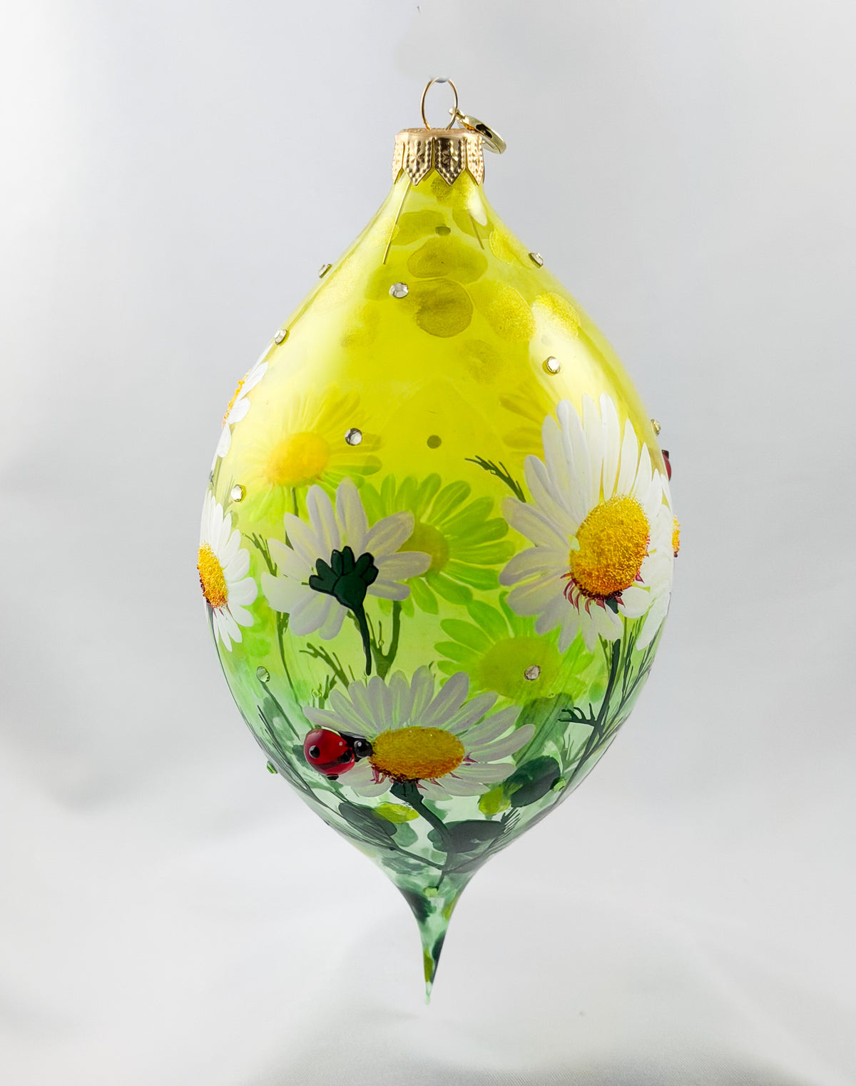 Grosse Tropfenform mit Gänseblümchen, Margeriten-Blüten und Marien-Käfer Applikationen, GlitterLab