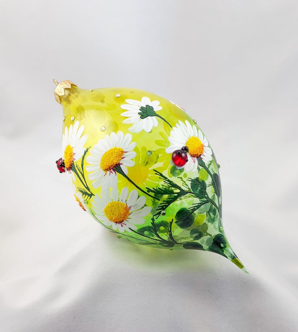 Grosse Tropfenform mit Gänseblümchen, Margeriten-Blüten und Marien-Käfer Applikationen, GlitterLab