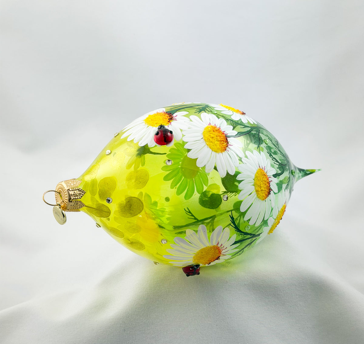 Grosse Tropfenform mit Gänseblümchen, Margeriten-Blüten und Marien-Käfer Applikationen, GlitterLab
