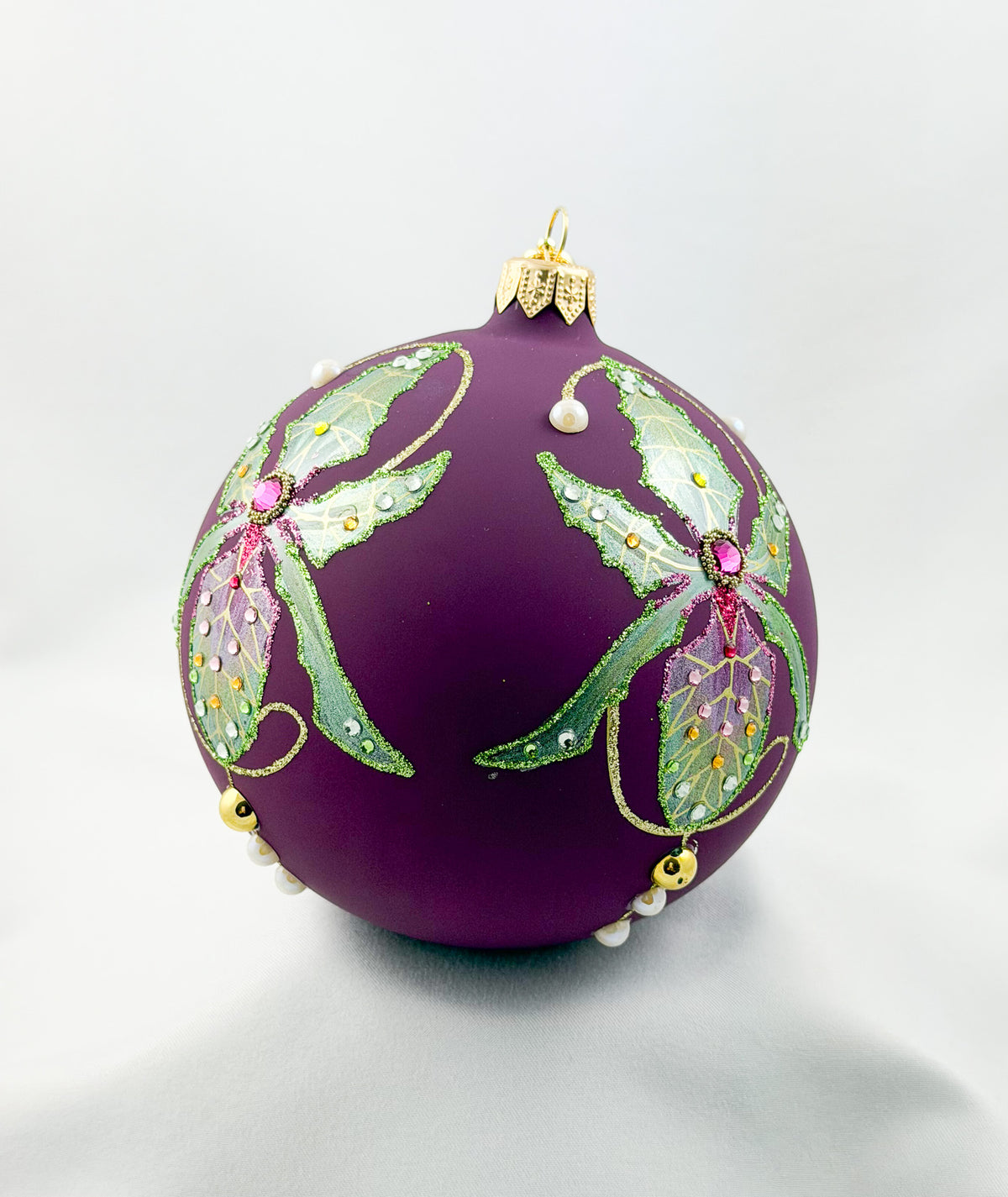 Kugel in Violett mit Frauenschuh Orchidee Dekoration, GlitterLab